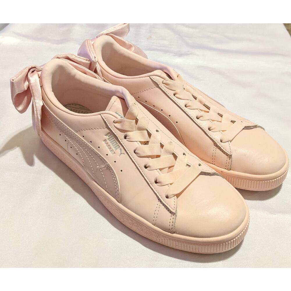 Puma Womens Basket Bow Trainers Pearl Pink Leather Size 7 Satin Bow And Trim EUC - Picture 2 of 9